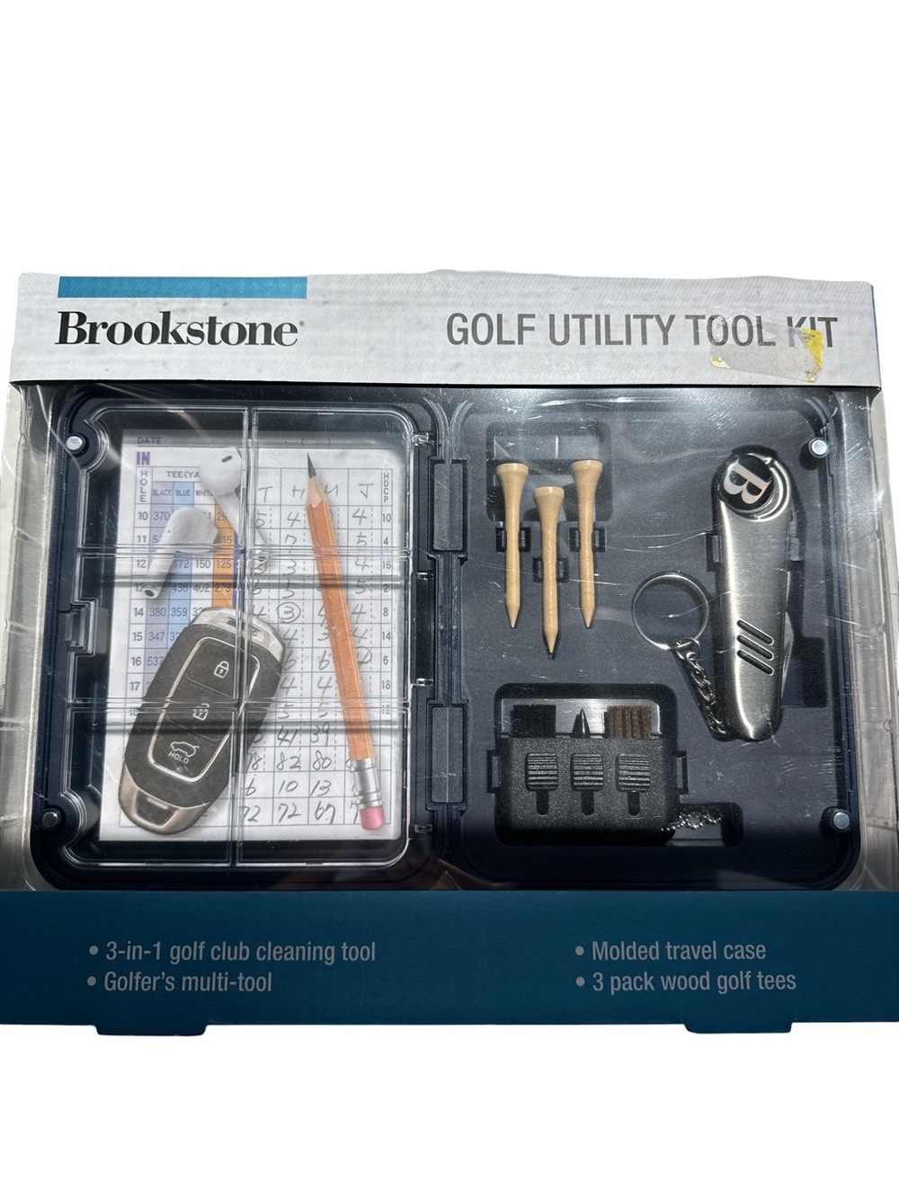 Brookstone Silver and Natural Wood Golf Utility Tool Kit